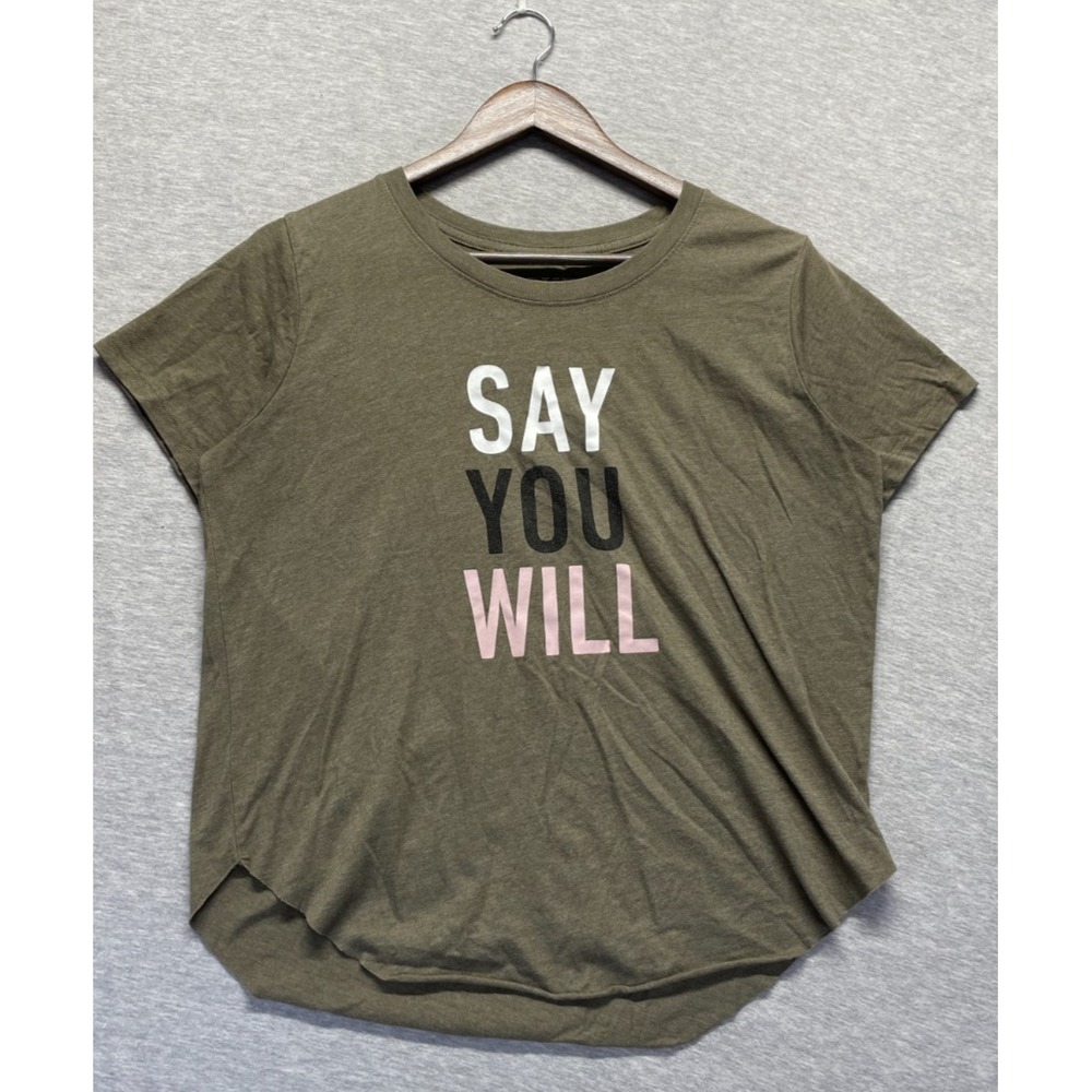 BKE T Shirt Womens Large Olive Green Graphic Print Say You Will Cotton Raw Hem